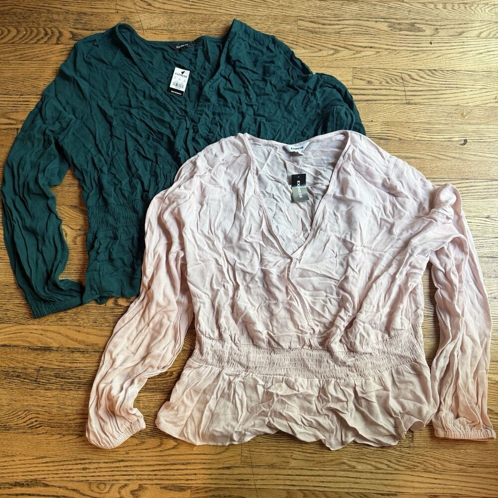 Express Peplum Top LOT OF 2 Womens XL Dark Green Blush Pink Blouse Office Career